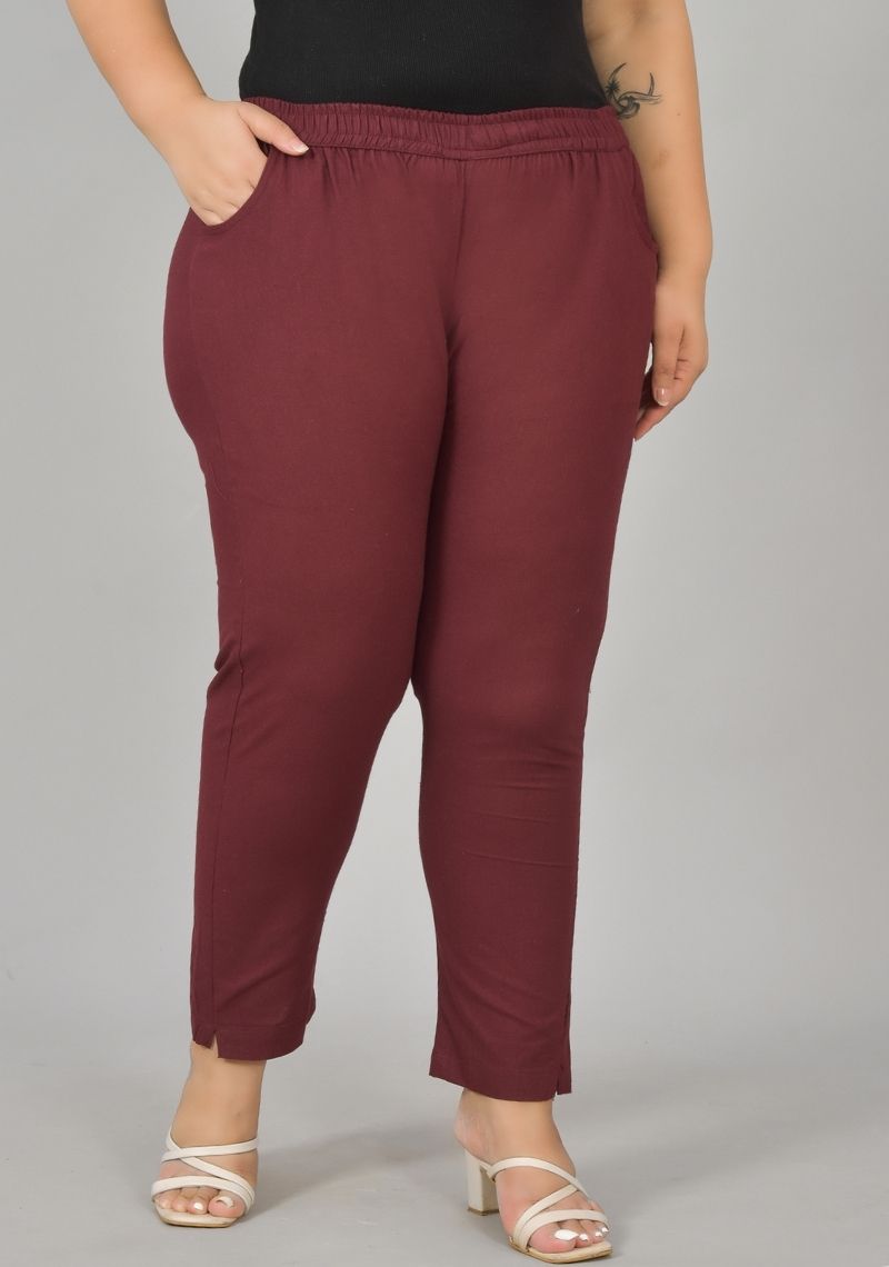 Wine Cotton Plus Size Regular Wear Women Pant-48410