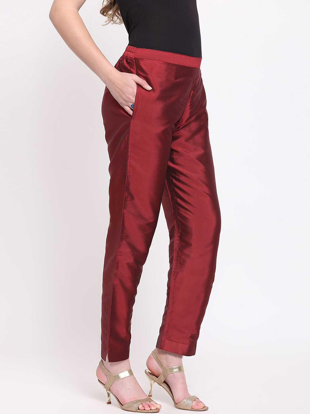 Wine Cotton Silk Ankle Pant-34279