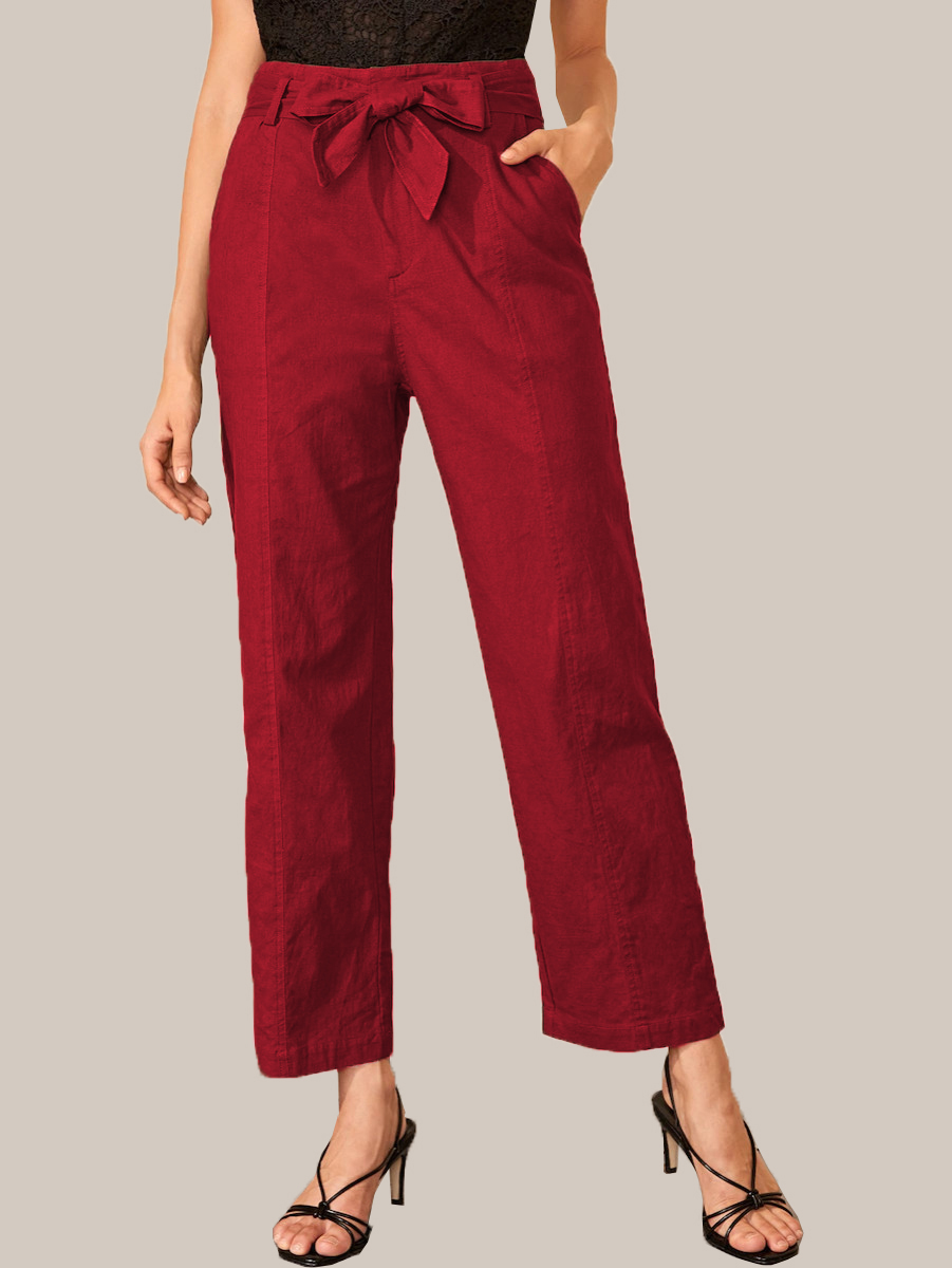 Wine Cotton Solid Wide Leg Pants With Belt-33929