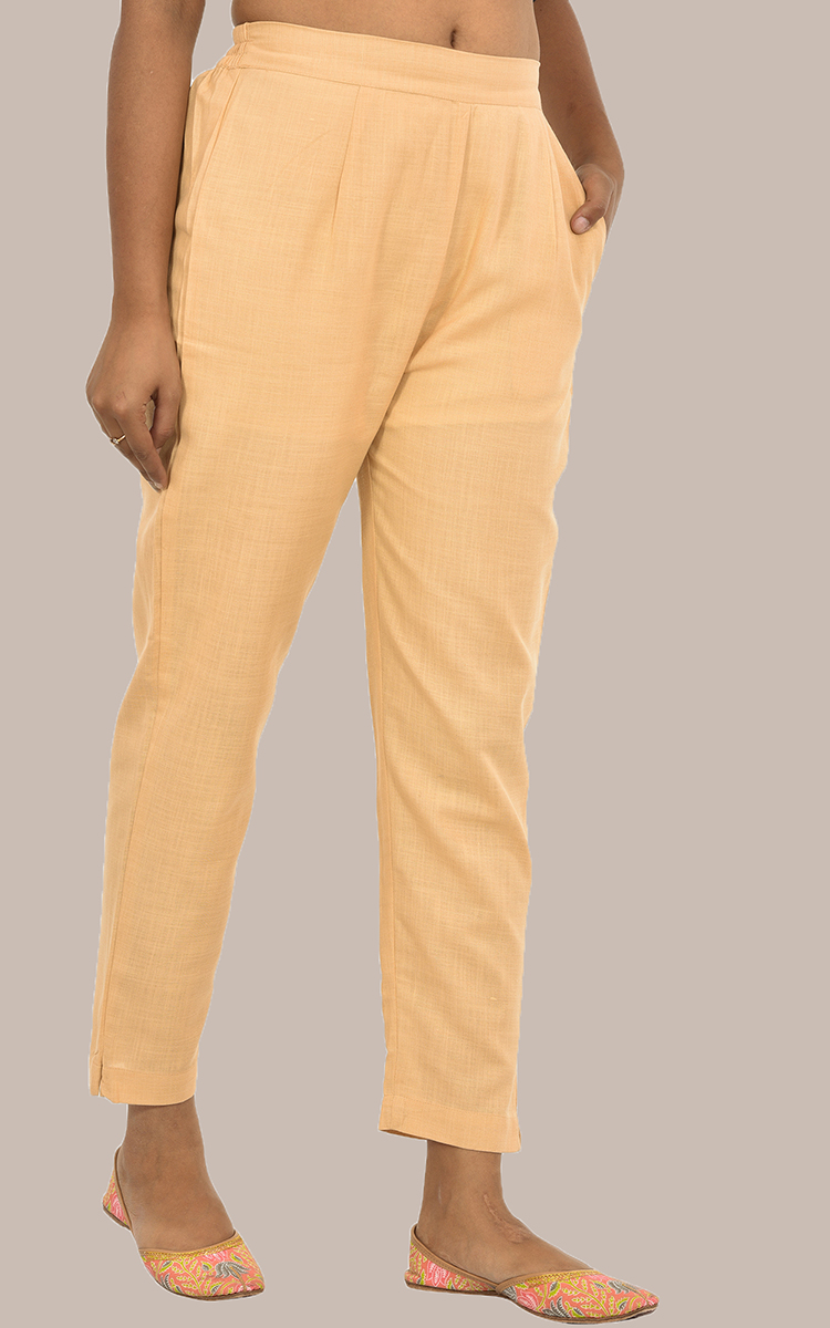 Women Beige Cotton Slub Solid Pants-36125