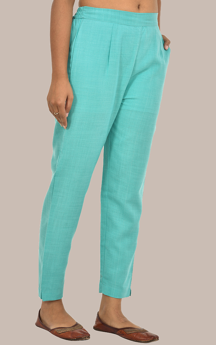 Women Cyan Cotton Slub Solid Pants-36122