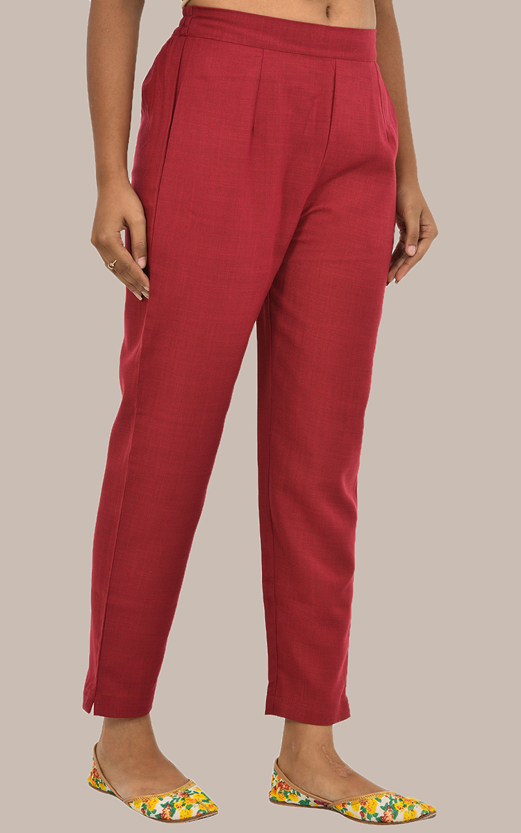Women Maroon Cotton Slub Solid Pants-36116