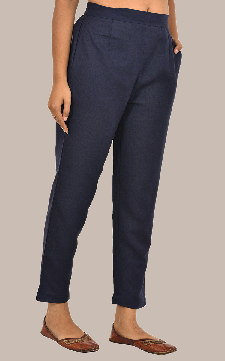 Women Navy-Blue Cotton Slub Solid Pants-36120