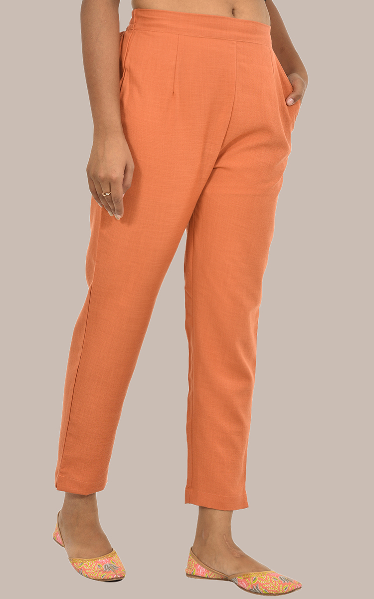 Women Peach Cotton Slub Solid Pants-36126