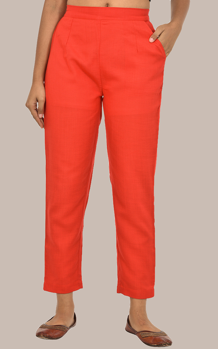Women Red Cotton Slub Solid Pants-36119