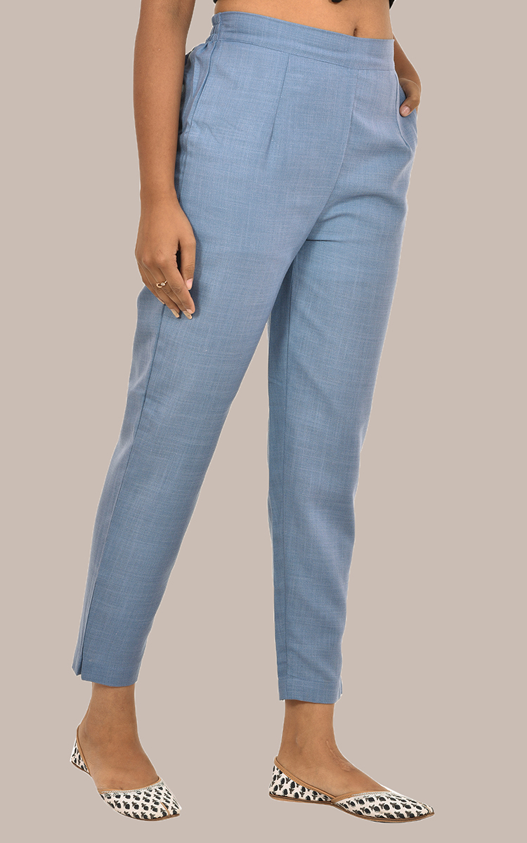 Women Sky-Blue Cotton Slub Solid Pants-36118