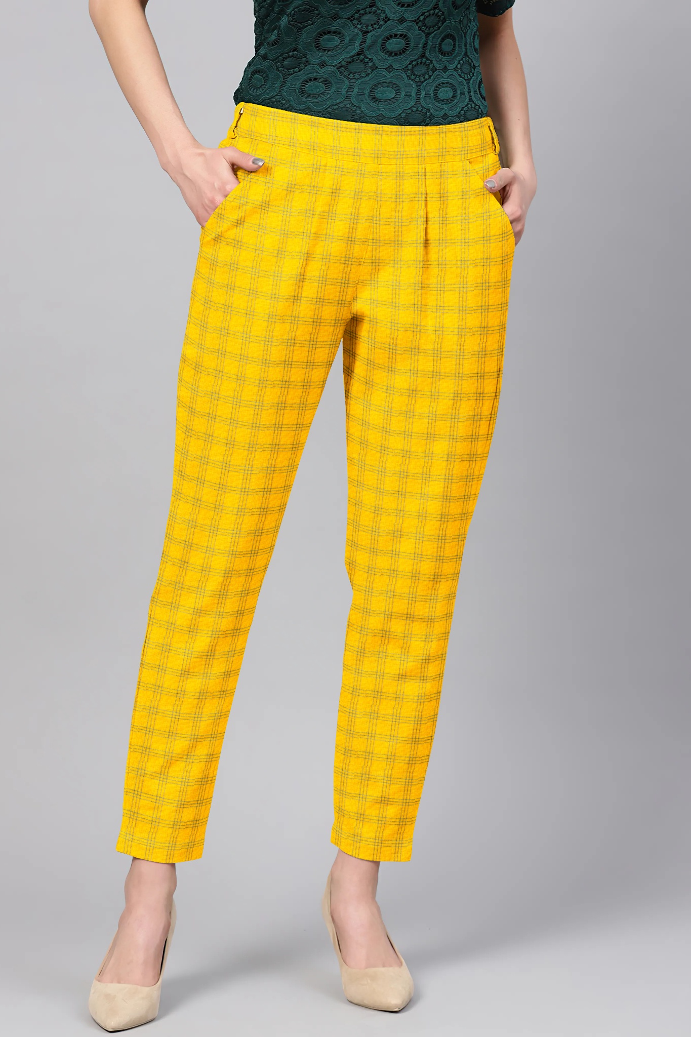 Yellow Black Cotton Check Regular Fit Solid Trouser-36050