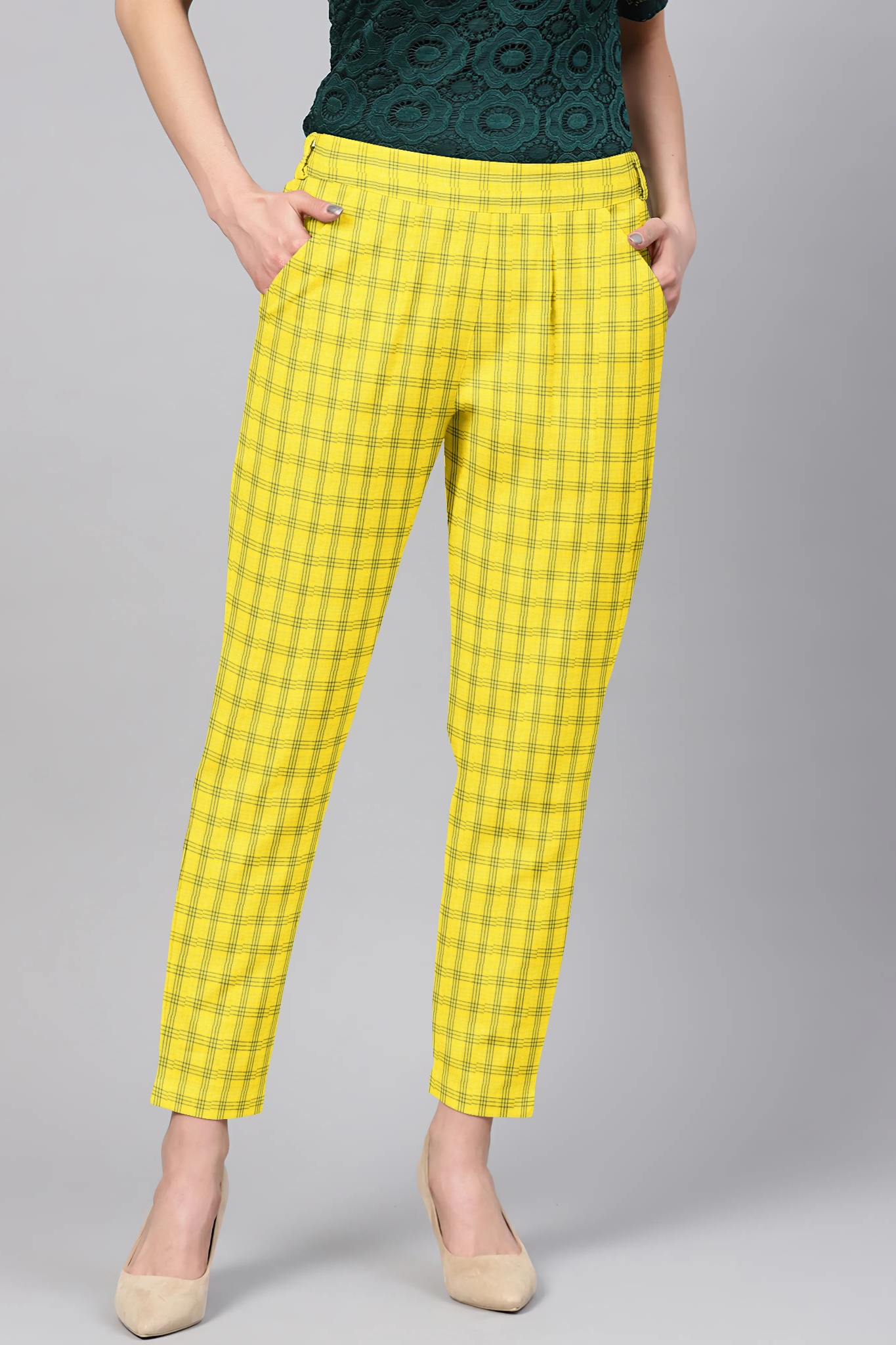 Yellow Black Cotton Check Regular Fit Solid Trouser-36098