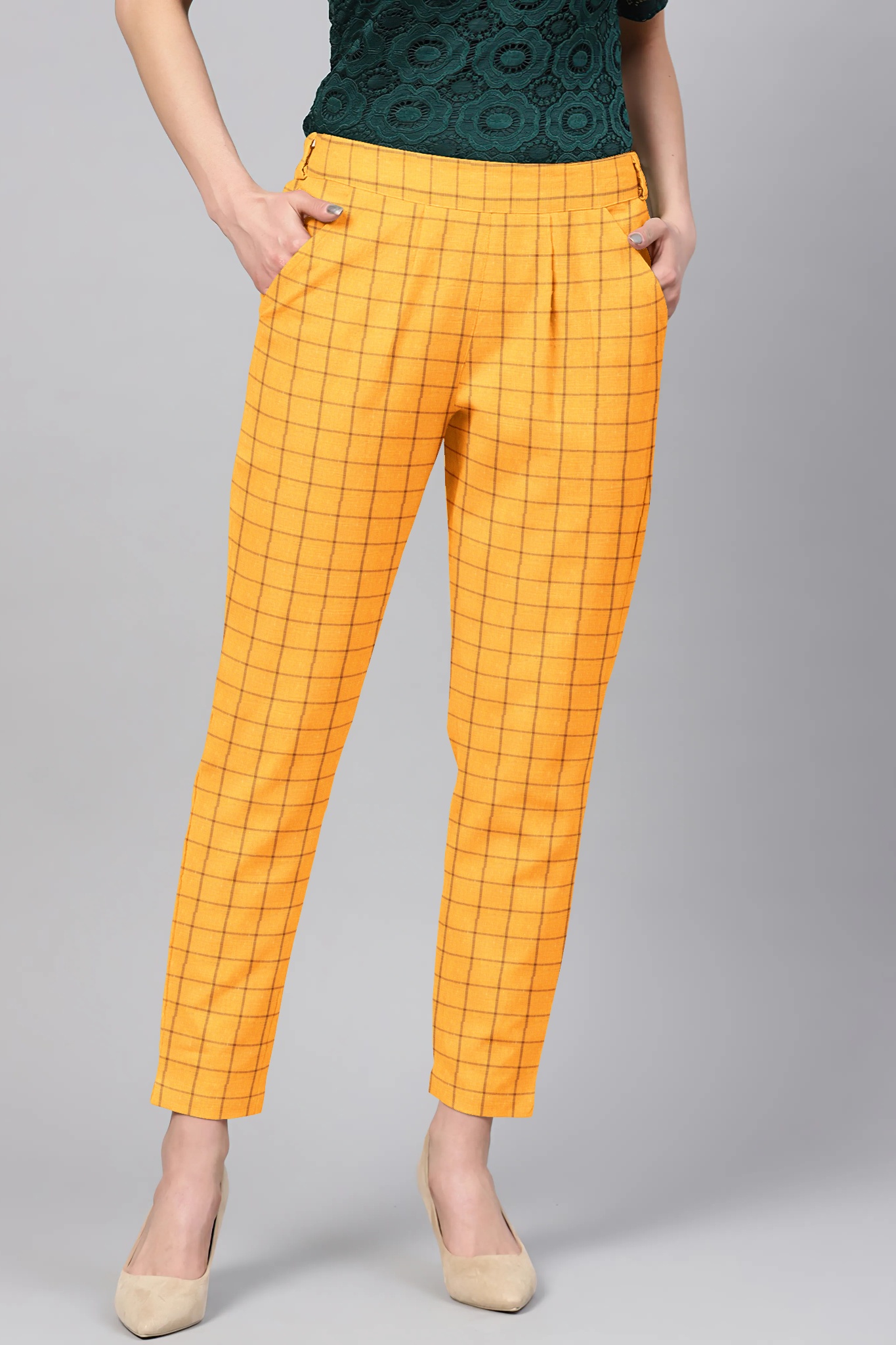 Yellow Black Cotton Check Regular Fit Solid Trouser-36116