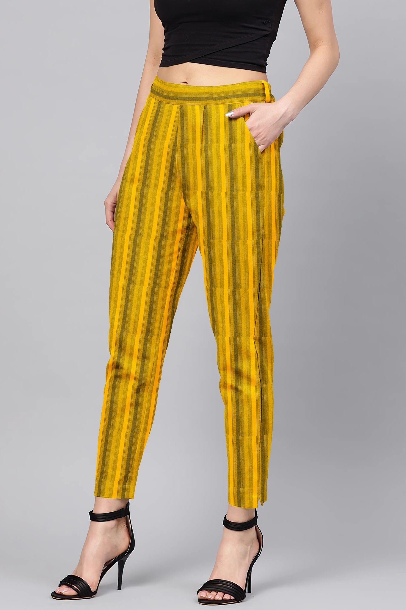 Yellow Black Cotton Stripe Regular Fit Solid Trouser-36076