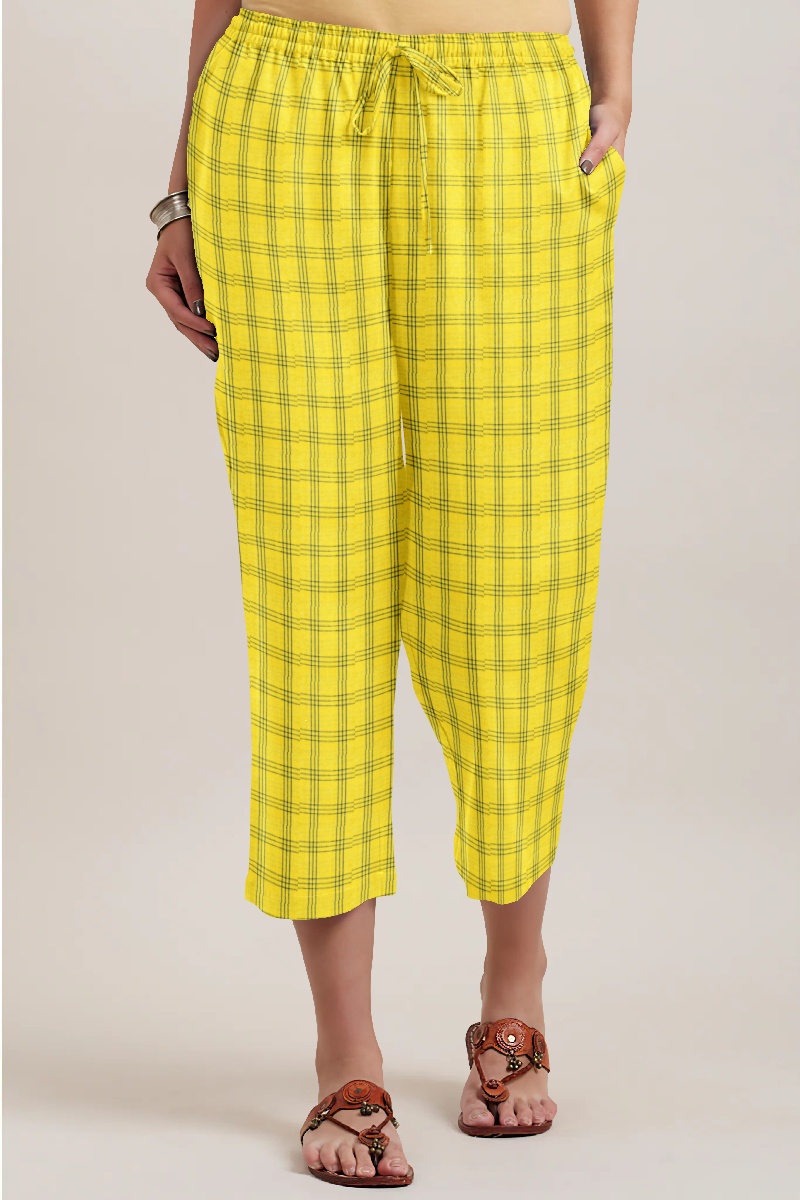 Yellow Blue Cotton Triple Line Check Women Culottes-35921