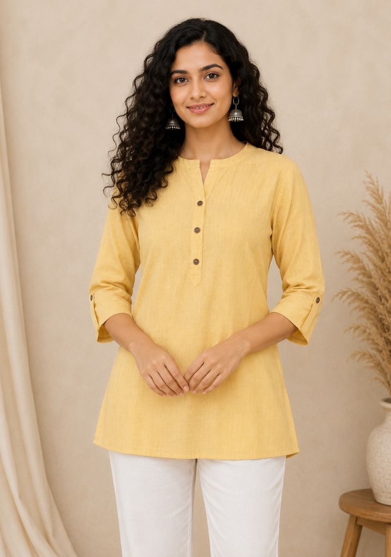 Yellow Cotton Ethnic Women Solid Short Top-51185