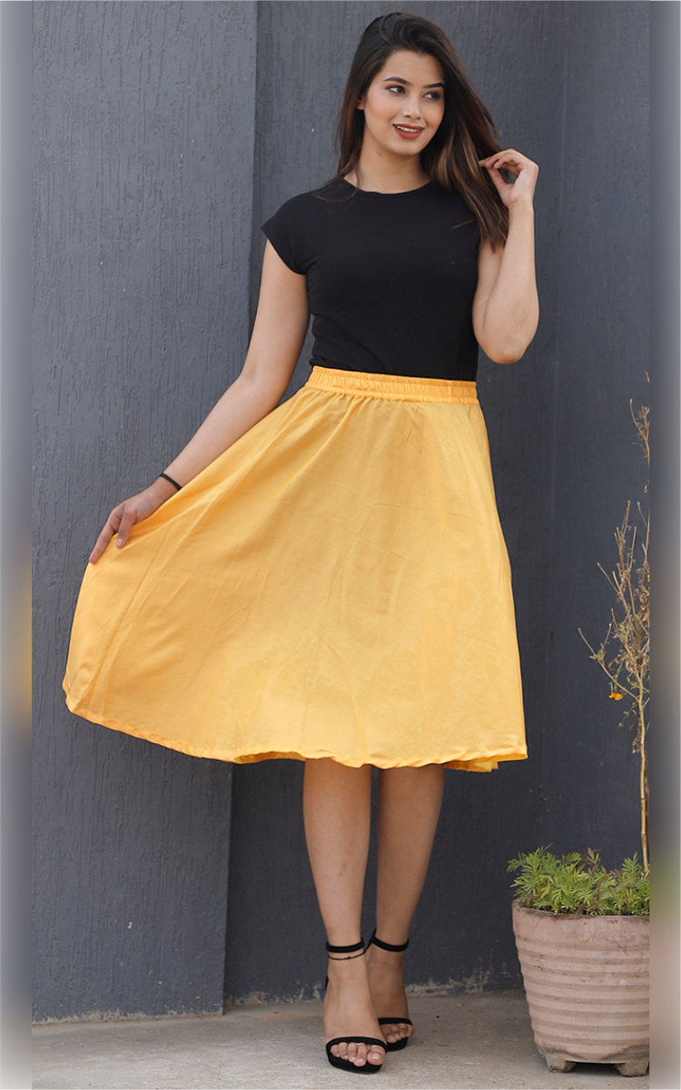 Yellow Cotton Women Knee-Length Skirt-35294