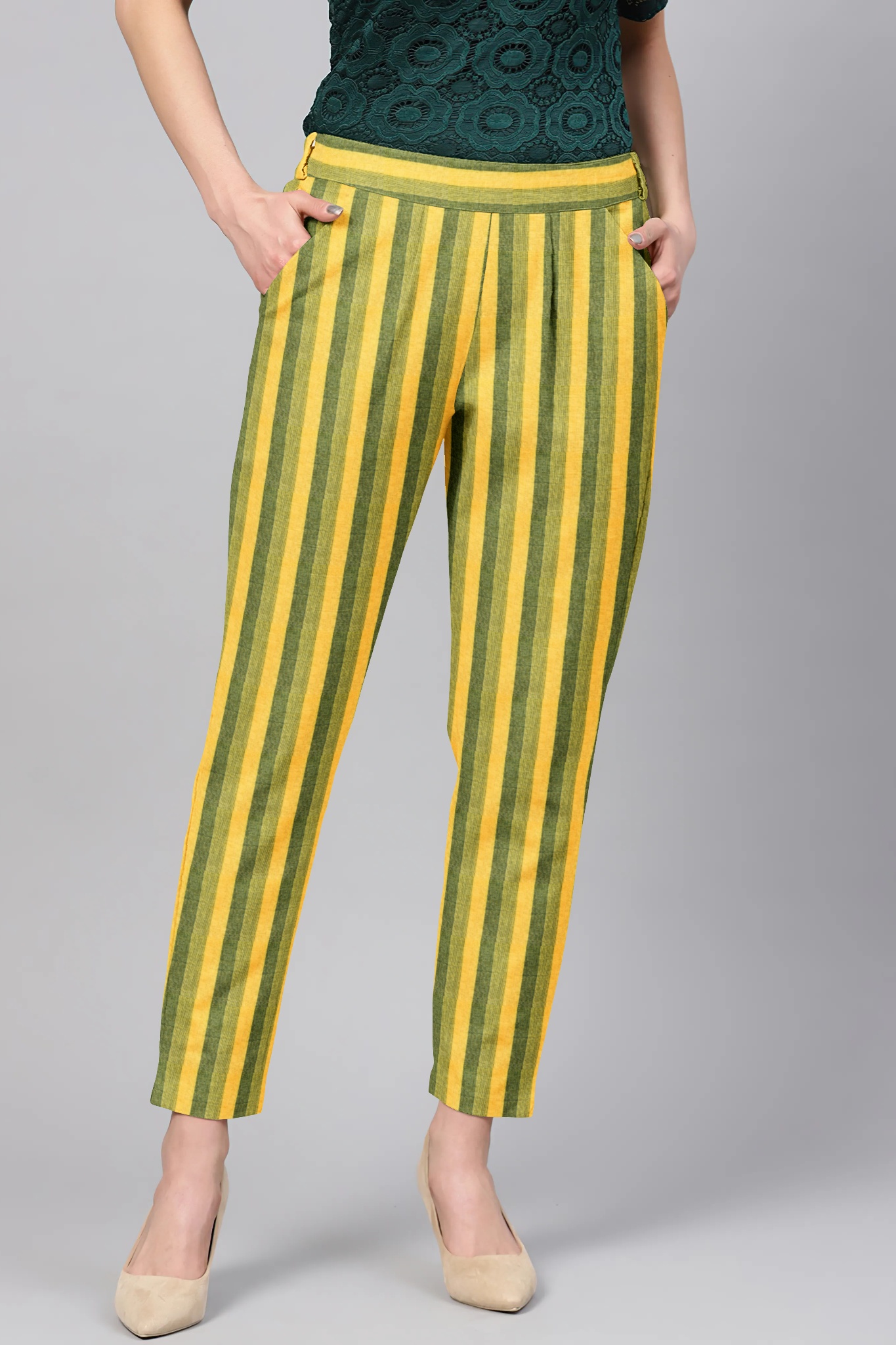Yellow Green Cotton Check Regular Fit Solid Trouser-36054