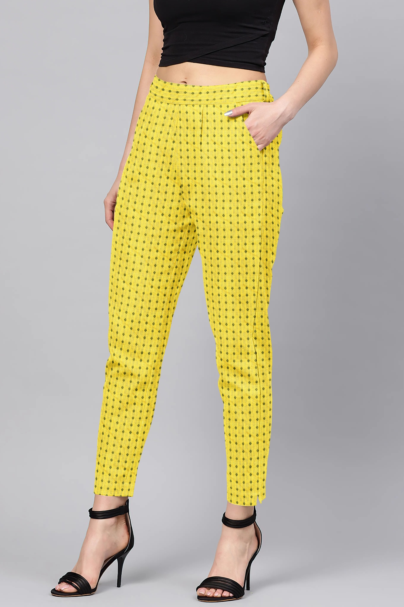 Yellow Green Cotton Polka Regular Fit Solid Trouser-36048