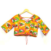Yellow-Green and Pink Buddha Kalamkari Print Cotton Blouse-30070