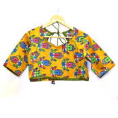 Yellow-Pink and Blue Buddha Kalamkari Print Cotton Blouse-30049