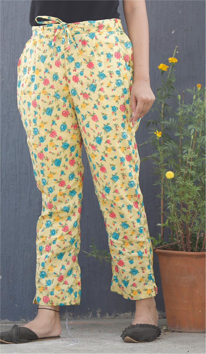 Yellow Pink and Cyan Floral Block Print Cotton Pant-34116
