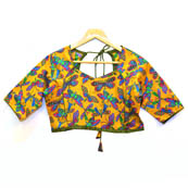 Yellow-Pink and Green Butterfly Kalamkari Print Cotton Blouse-30048