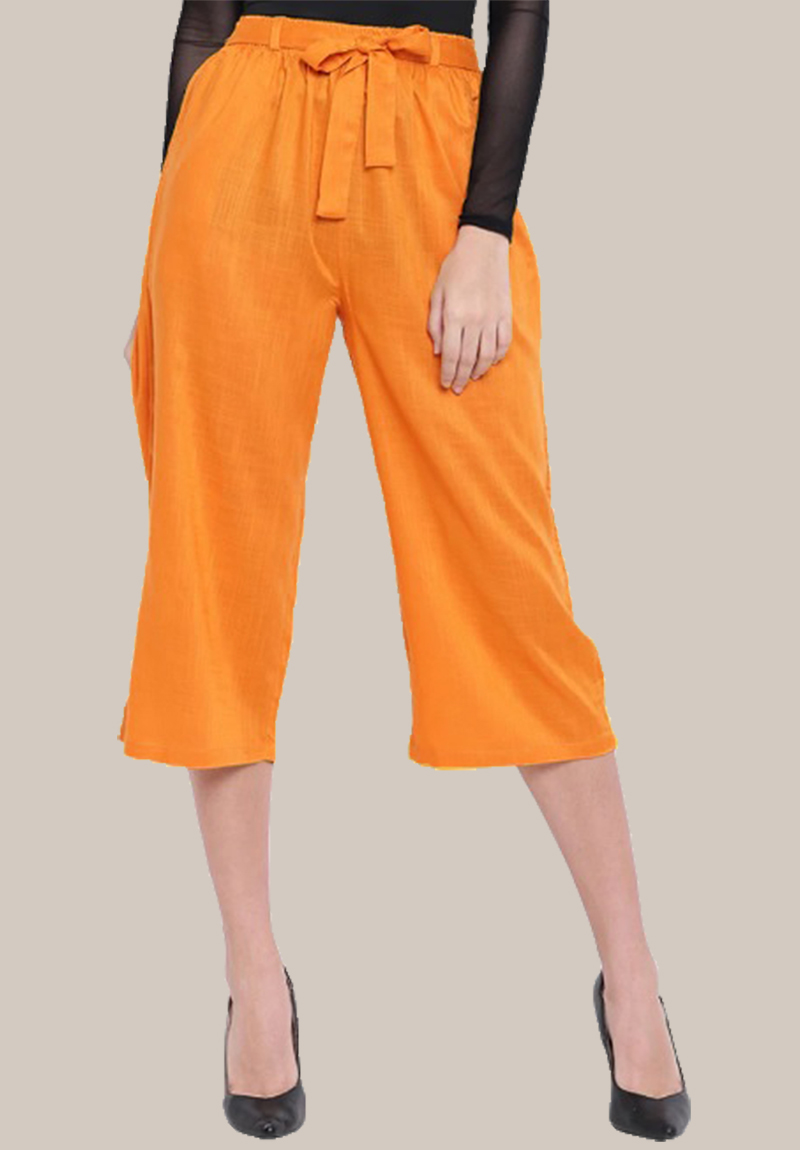 Yellow Rayon Solid Women Culottes with Belt-35118