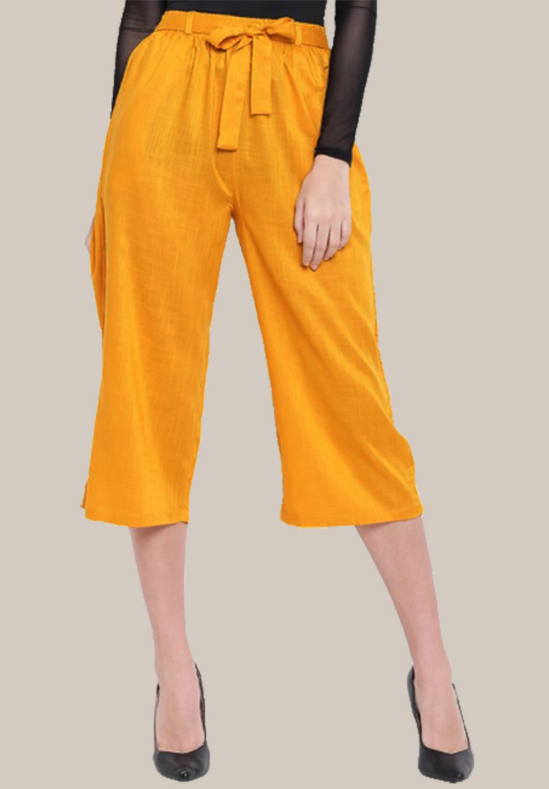 Yellow Rayon Solid Women Culottes with Belt-35120