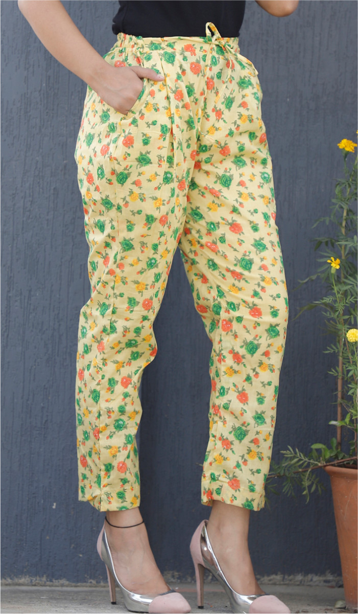 Yellow Red and Green Floral Block Print Cotton Pant-34090