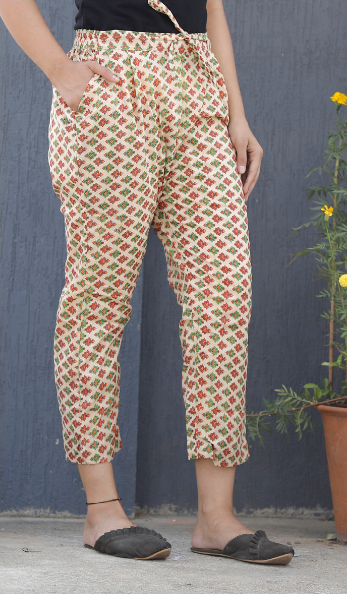 Yellow Red and Green Floral Block Print Cotton Pant-34108