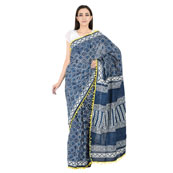Yellow Tassel Pattern On Blue and White Cotton Indigo Print Saree-20080