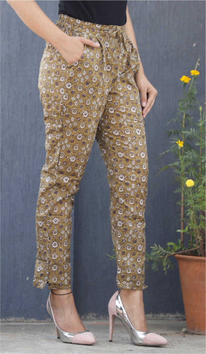 Yellow White Ajrakh Block Print Cotton Pant-34088