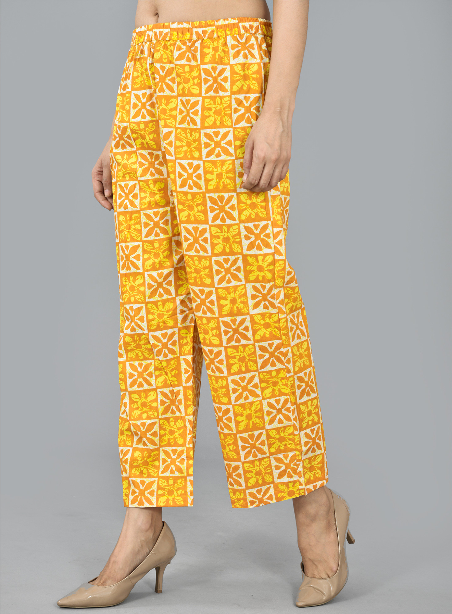Yellow White Cotton Leheria Palazzo Pant-36725