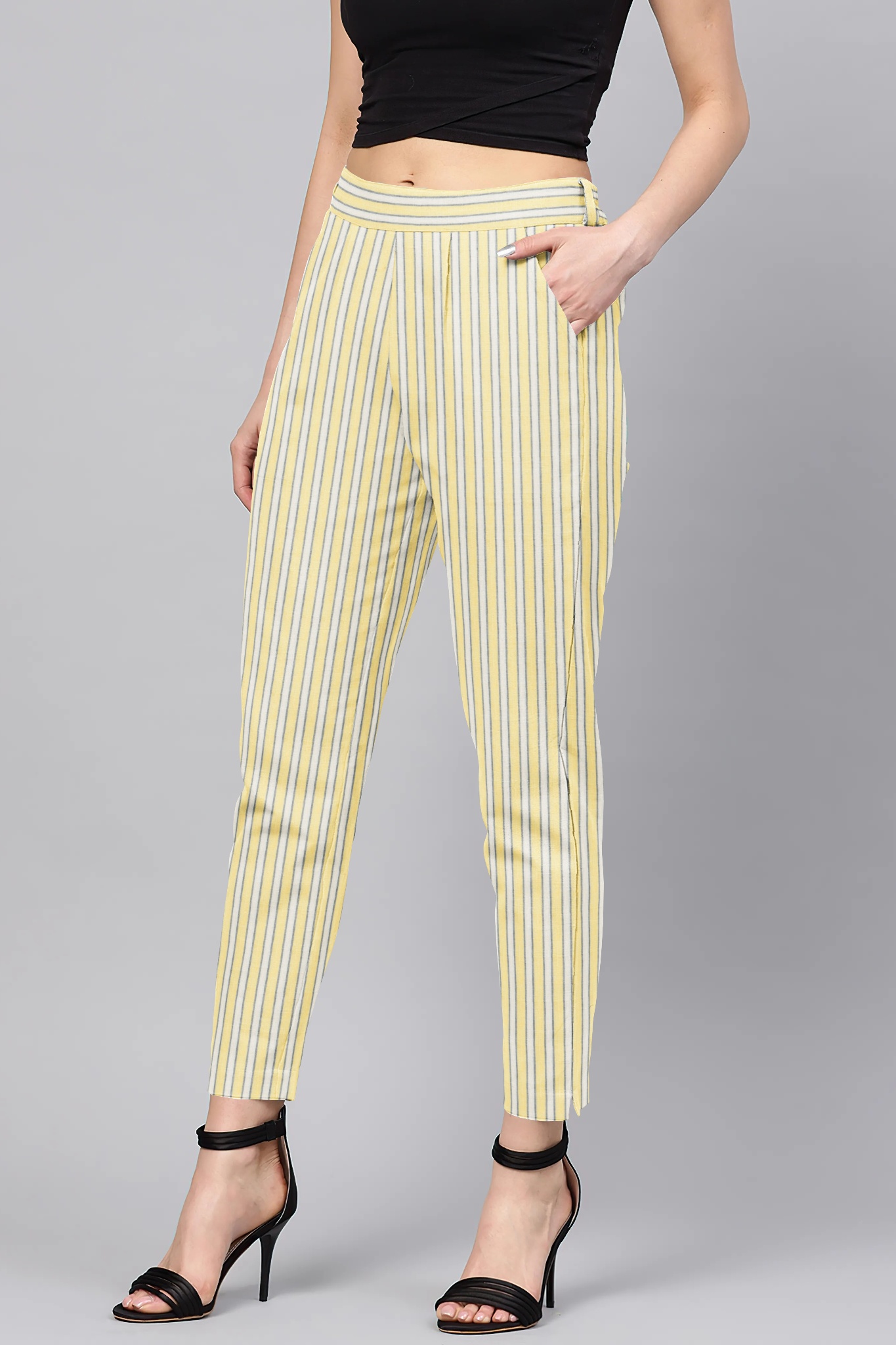 Yellow White Cotton Stripe Regular Fit Solid Trouser-36065