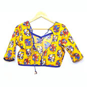 Yellow-White and Blue Elephant Kalamkari Print Cotton Blouse-30066