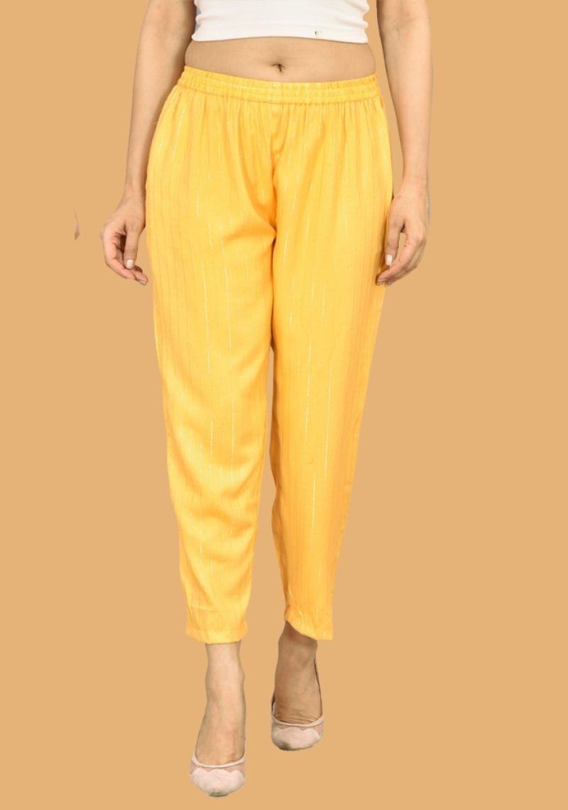 Yellow Zari Rayon Slub Women Ankle Length Pant-43586