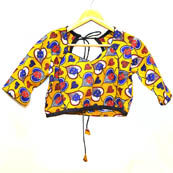 Yellow and Blue Buddha Kalamkari Print Cotton Blouse-30051